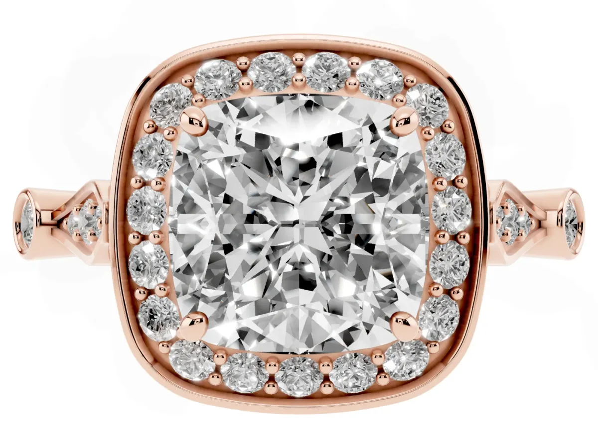 Cushion Cut Halo Diamond Engagement Ring with Twisted Band and Four-Prong Setting Rose gold