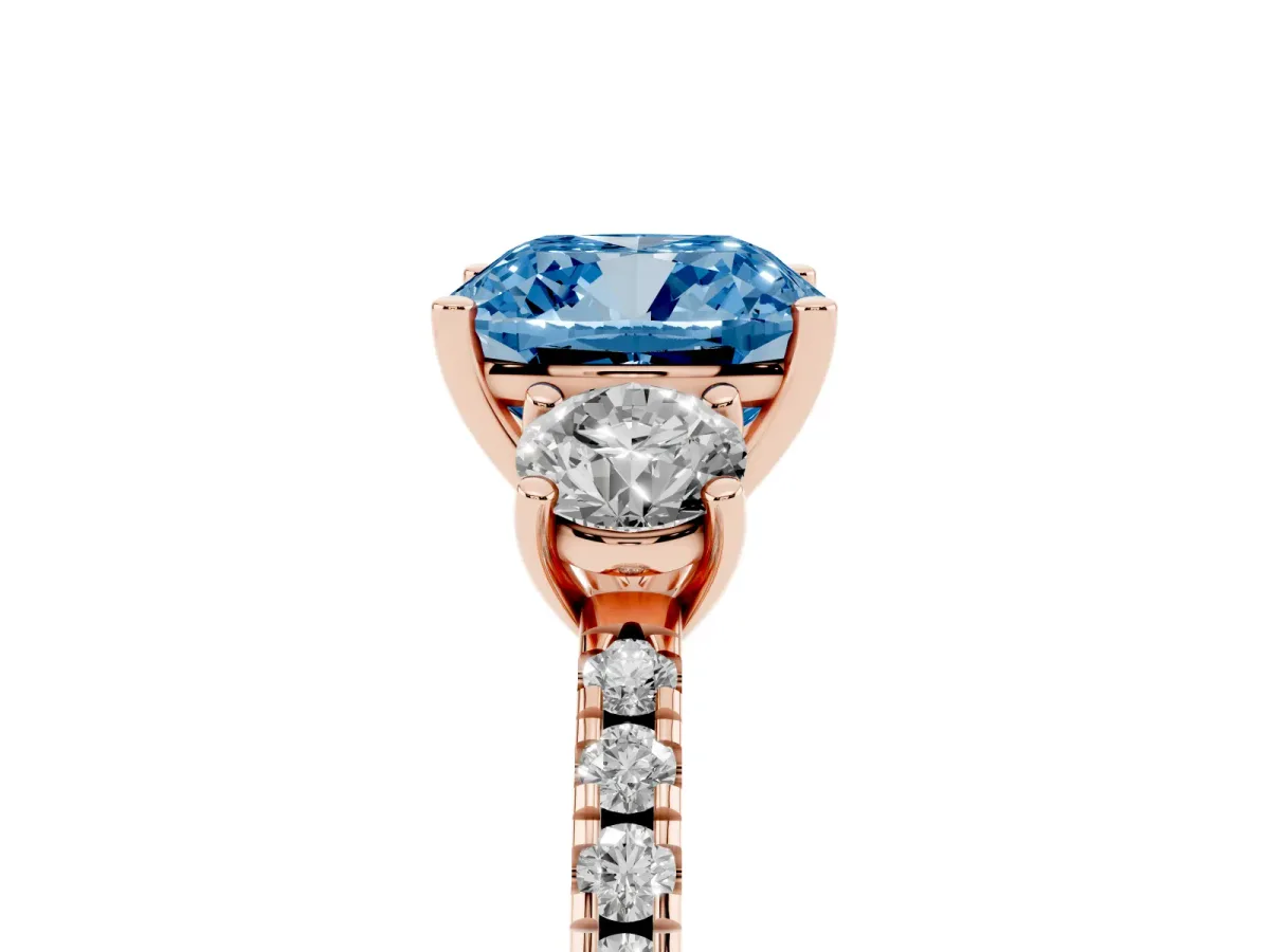 Fancy Blue Three-Stone Cushion Cut Cut Diamond Pavé Band with Prong Setting Rose gold