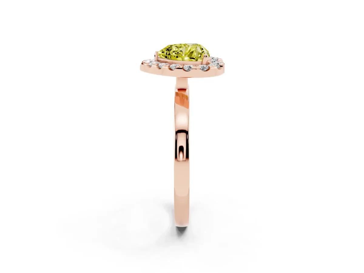 Fancy Yellow Heart Cut Halo Diamond Solitaire with Pavé Band and Four-Prong Setting Rose gold