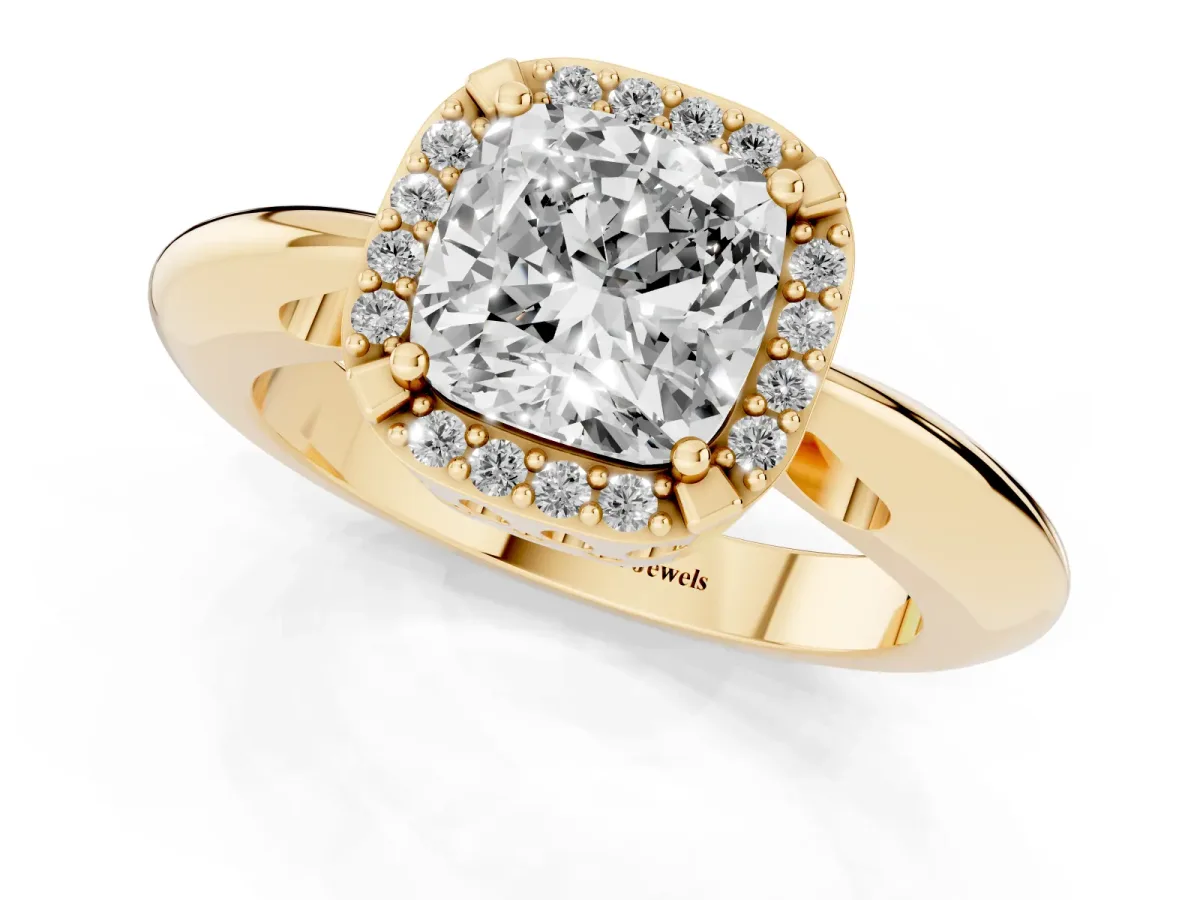 Cushion Cut Cut Diamond Halo Engagement Ring with Split Shank and Four-Prong Setting Yellow gold