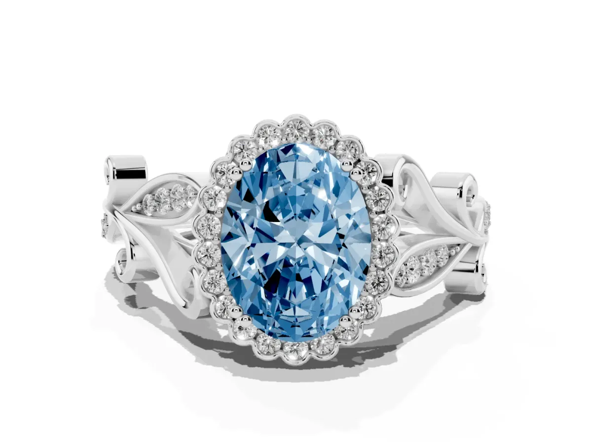 Fancy Blue Oval Cut Diamond Halo Ring with Vintage Split Shank and Four-Prong Setting Silver