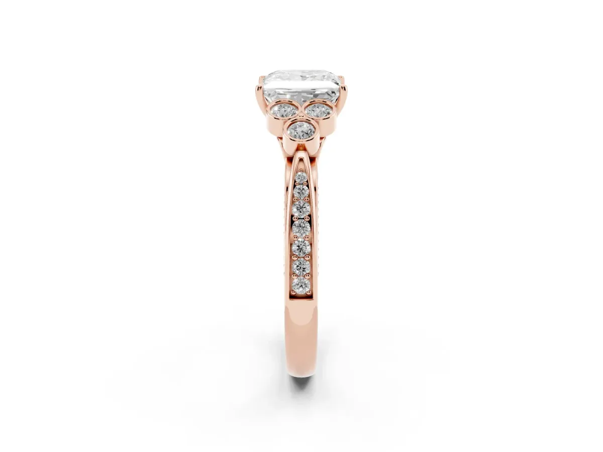 Princess Cut Cut Diamond Engagement Ring with Bezel Set Round Side Stones and Prong Setting Rose gold