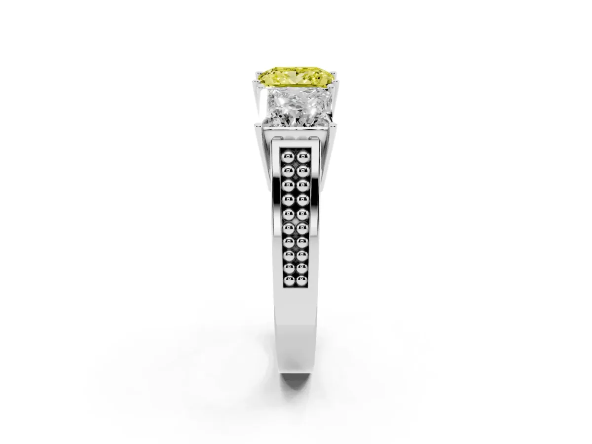 Fancy Yellow Princess Cut Diamond Three-Stone Ring with Prong Setting and Textured Band Silver