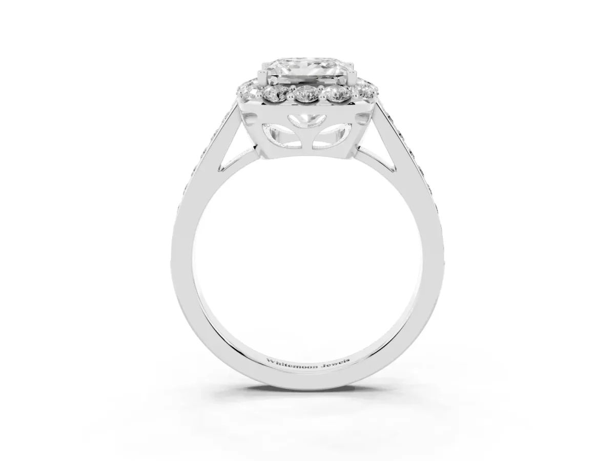 Princess Cut Diamond Floral Halo Ring with Pavé Band and Prong Setting Silver