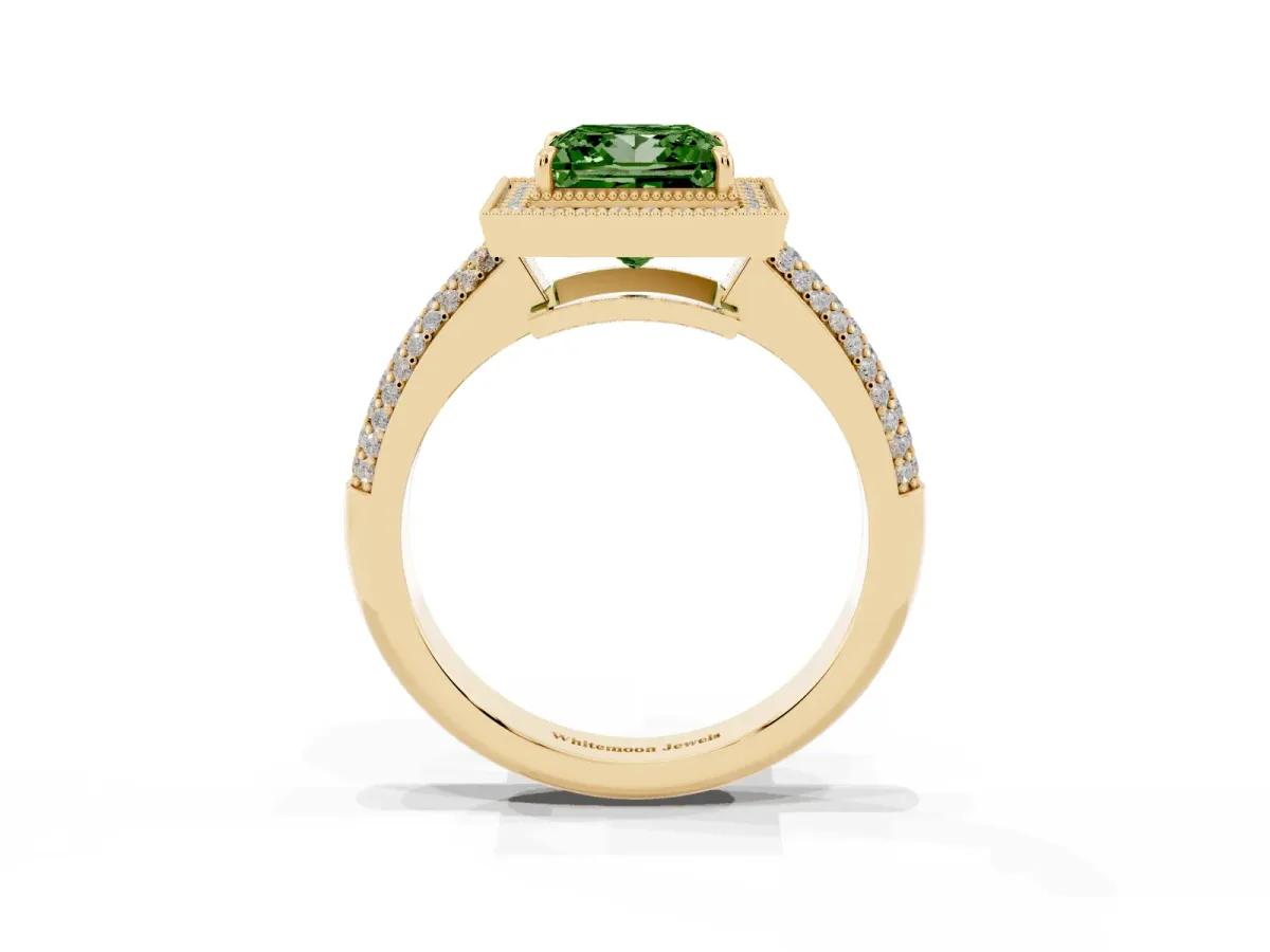 Fancy Green Princess Cut Cut Halo Diamond Pave Band with Four-Prong Setting Yellow gold