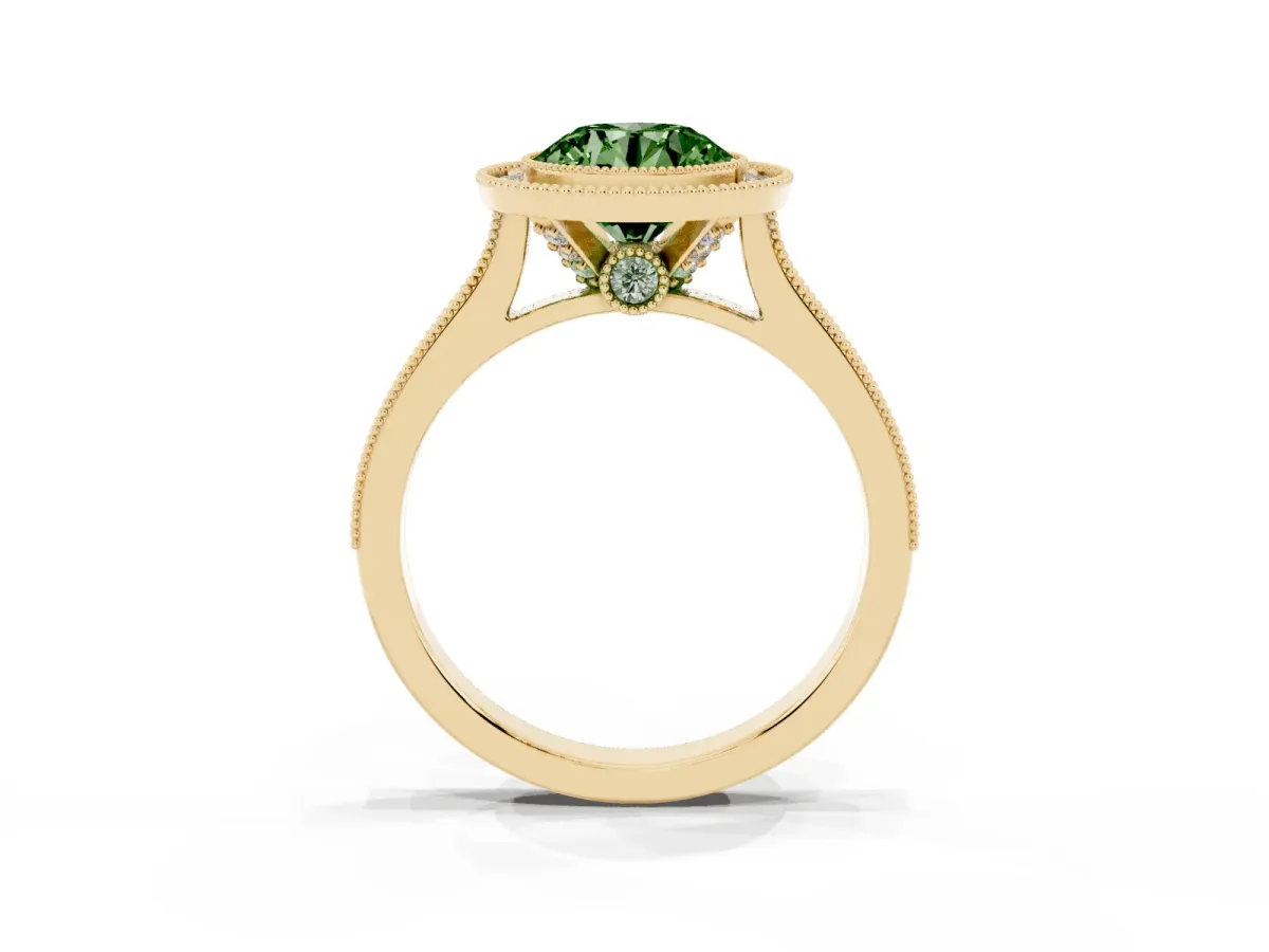Fancy Green Halo Round Cut-Cut Diamond Pave Band Milgrain Prong Setting Ring Yellow gold