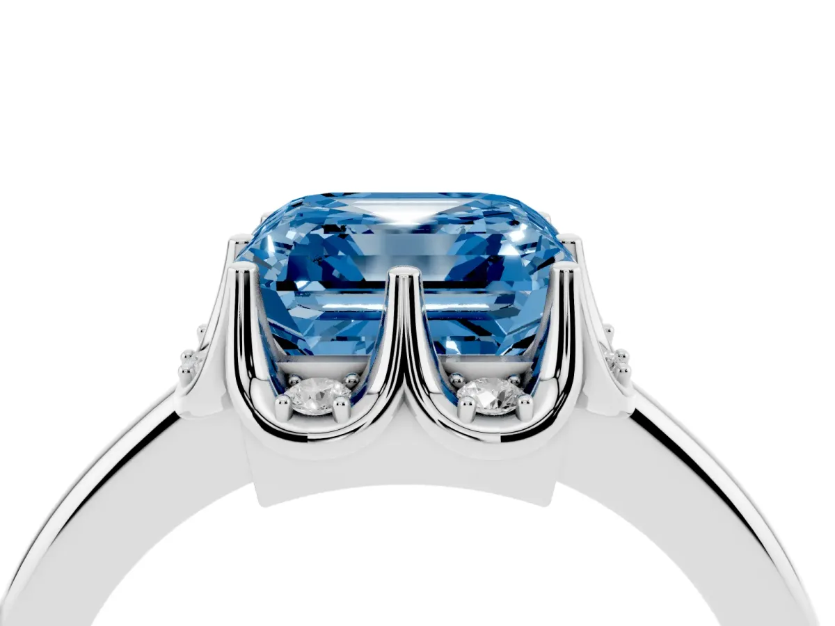 Fancy Blue Asscher Cut Halo Diamond Ring with Round Cluster Setting, Solitaire Band, and Four-Prong Setting Silver