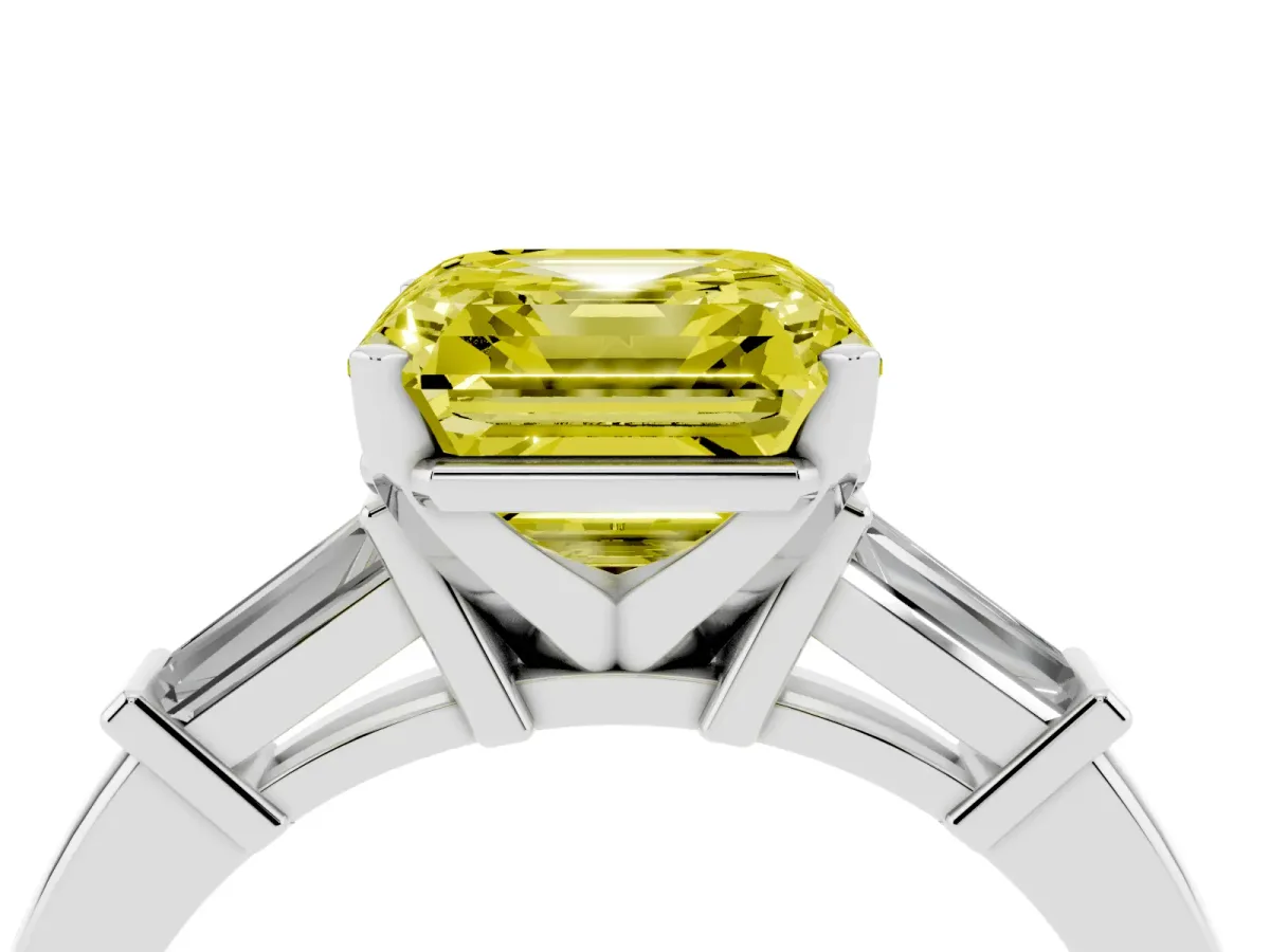Fancy Yellow Asscher Cut Cut Diamond Solitaire Ring with Tapered Baguette Accents and Four-Prong Setting Platinum