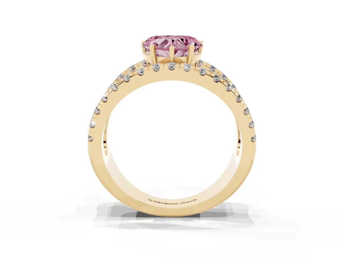 Fancy Pink Heart Cut Solitaire Split Shank Pave Diamond Ring Yellow gold