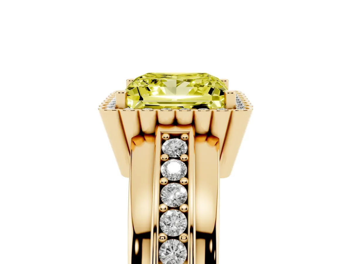 Fancy Yellow Princess Cut Cut Halo Pave Band Four-Prong Ring Yellow gold