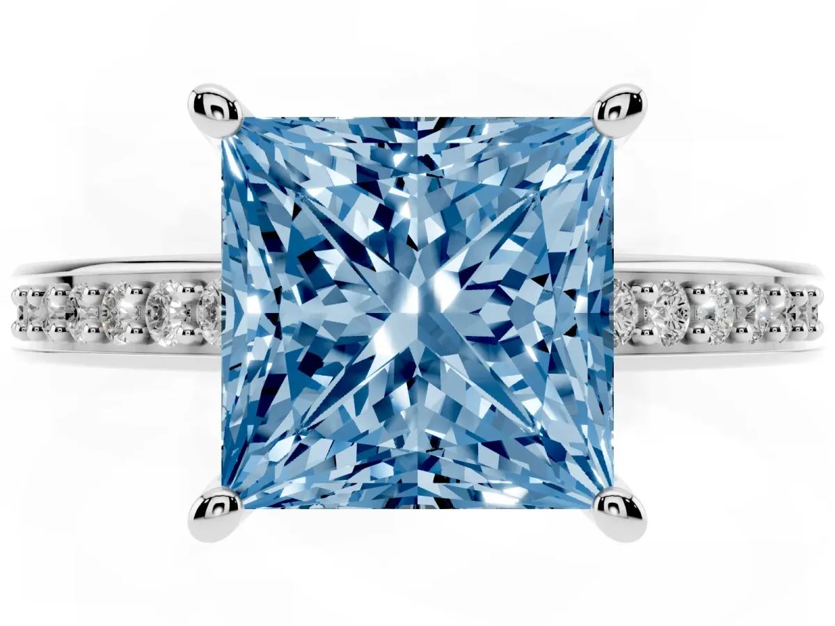 Fancy Blue Princess Cut Solitaire Pavé Band Prong Setting Ring Silver