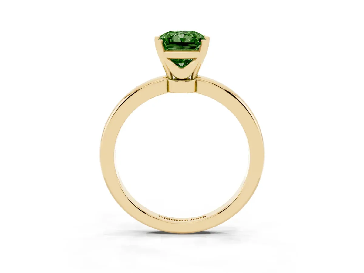Fancy Green Radiant Cut Solitaire Diamond Ring with Six-Prong Setting on a Classic Band Yellow gold