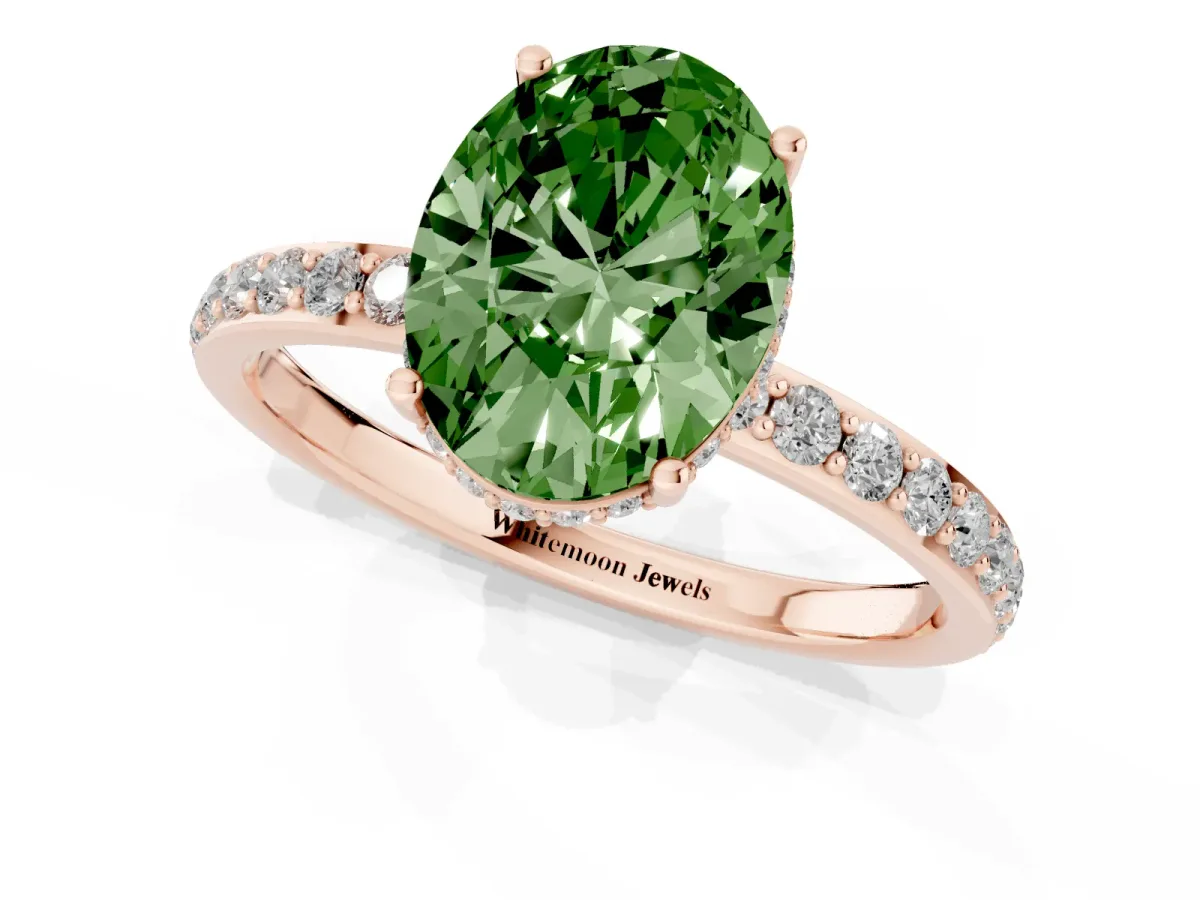 Fancy Green Oval Cut Diamond Solitaire Ring with Pavé Band and Hidden Halo Rose gold