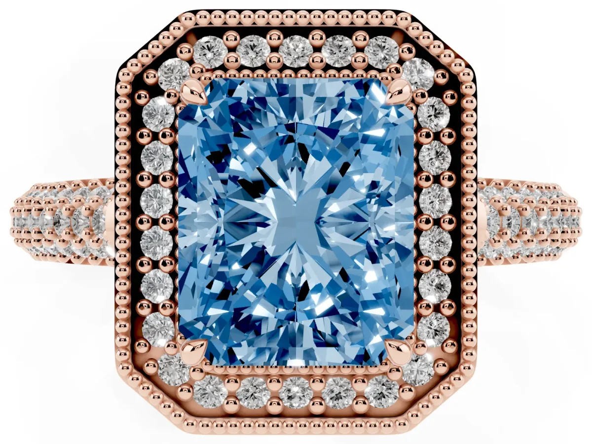 Fancy Blue Radiant Cut Cut Halo Diamond Pave Band with Four-Prong Setting Rose gold
