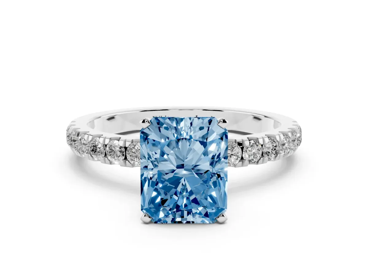 Fancy Blue Radiant Cut Diamond Solitaire Ring with Pavé Accents and Four-Prong Setting Silver