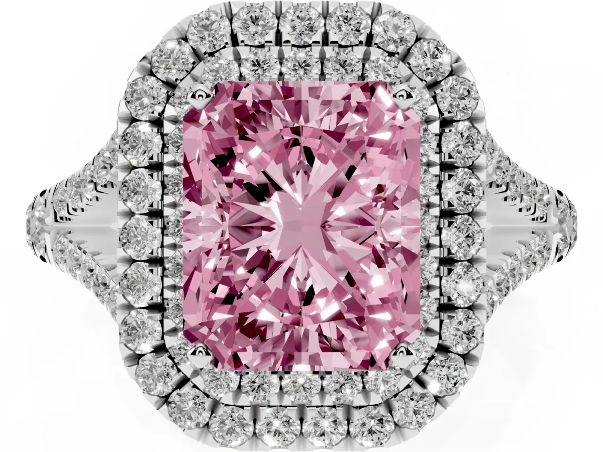 Fancy Pink Double Halo Radiant Cut Diamond Split Shank Engagement Ring with Four-Prong Setting Silver
