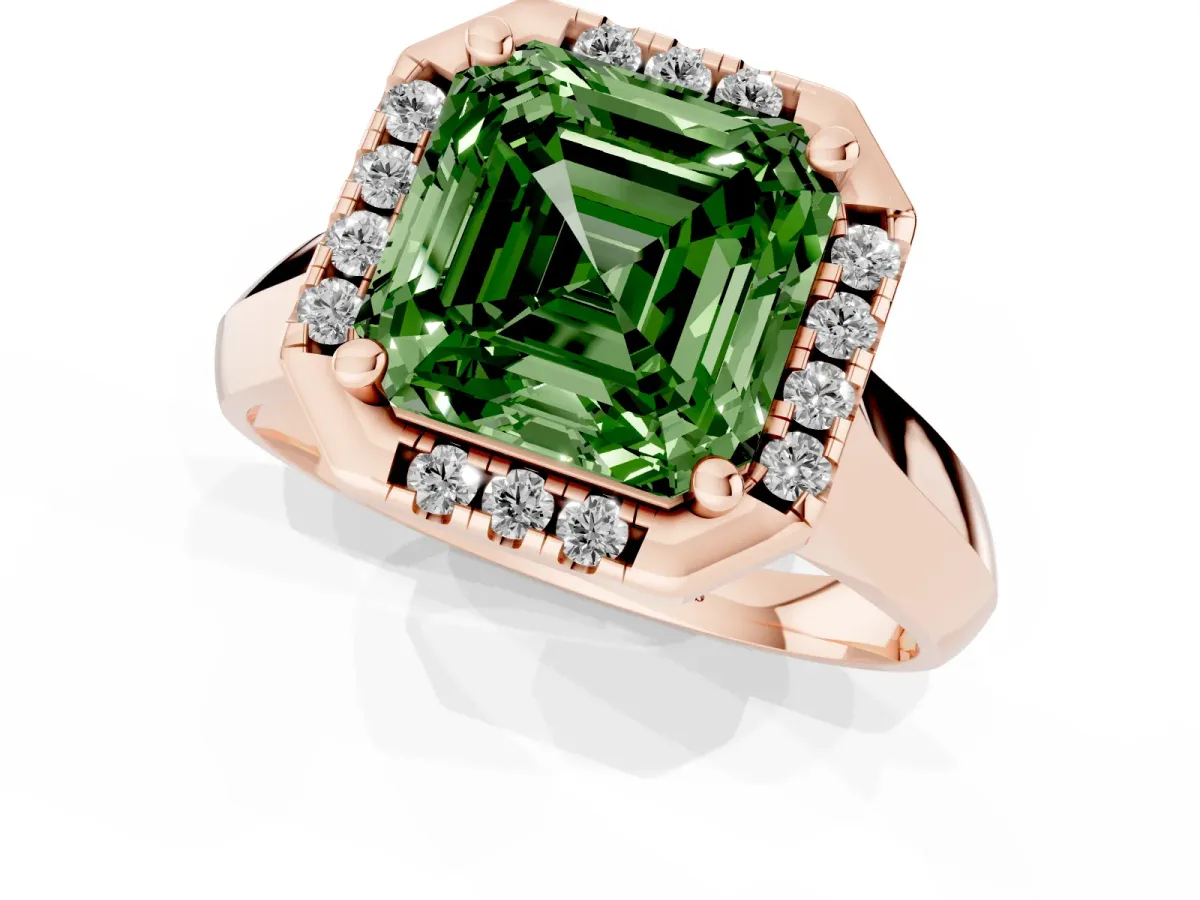 Fancy Green Asscher Cut Cut Halo Solitaire Engagement Ring with Square Band and Four-Prong Setting Rose gold