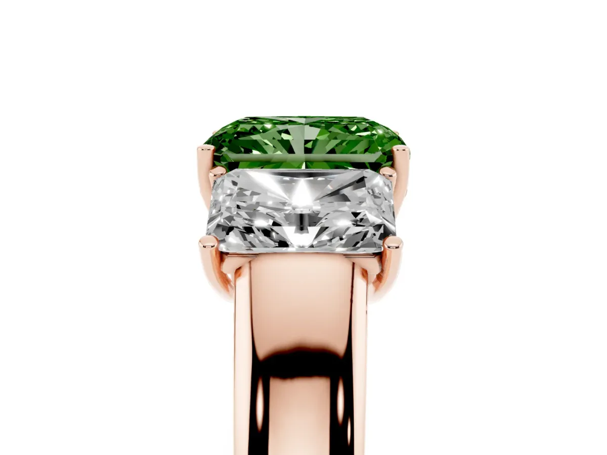 Fancy Green Three-Stone Radiant Cut Cut Diamond Ring with Prong Setting and Classic Band Rose gold