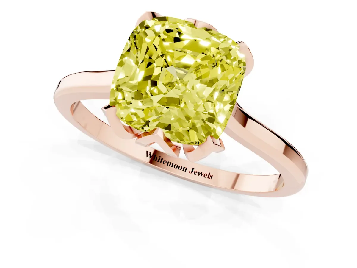 Fancy Yellow Cushion Cut Diamond Solitaire Ring with Flower Prong Setting and Classic Band Rose gold