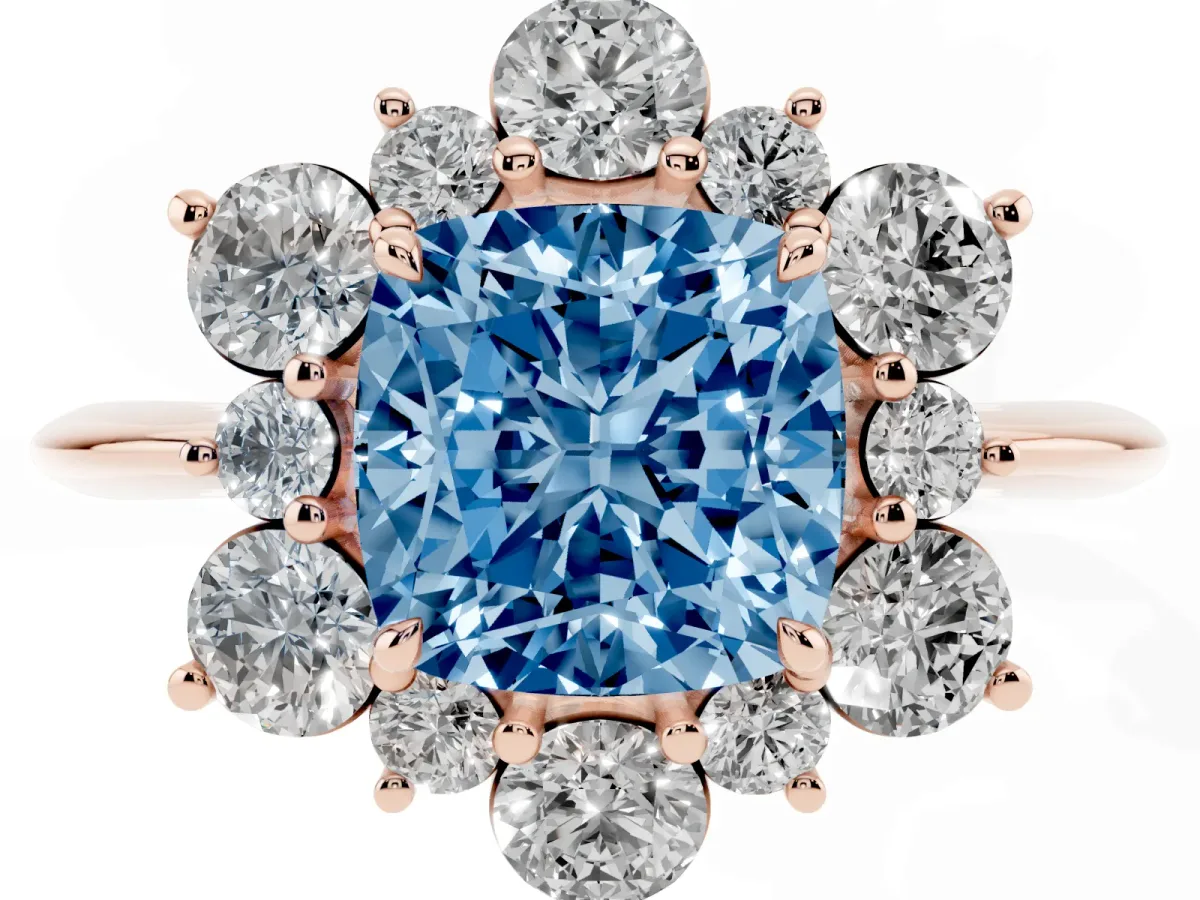 Fancy Blue Cushion Cut Diamond Cluster Halo Ring with Solitaire Band and Four-Prong Setting Rose gold