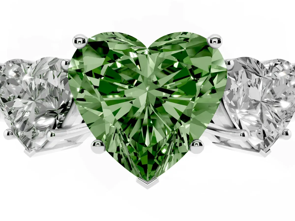 Fancy Green Three-Stone Heart Cut Cut Diamond Engagement Ring with Flat Band and Four-Prong Setting Silver