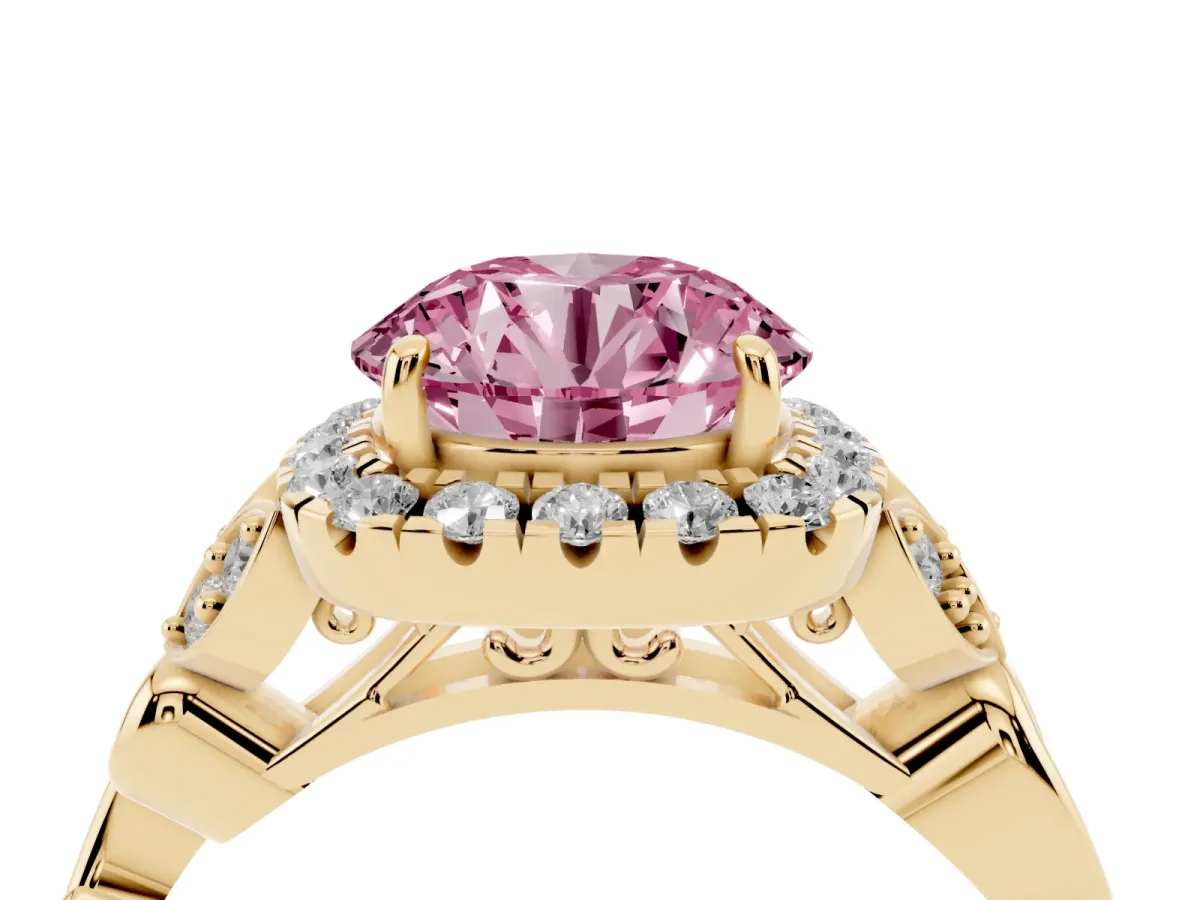 Fancy Pink Round Cut Halo Diamond Engagement Ring with Vintage-Inspired Band and Four-Prong Setting Yellow gold