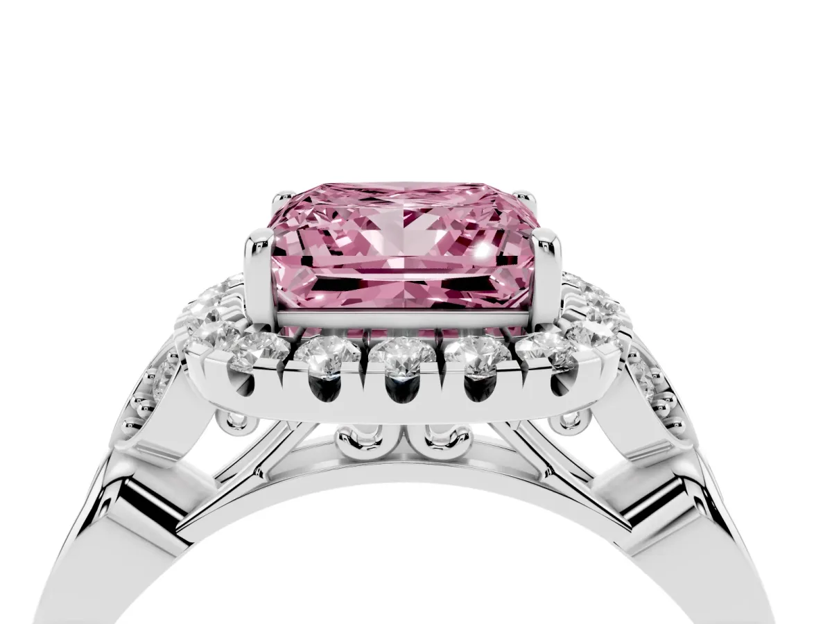 Fancy Pink Princess Cut Halo Diamond Engagement Ring with Vintage-Inspired Band and Four-Prong Setting Silver