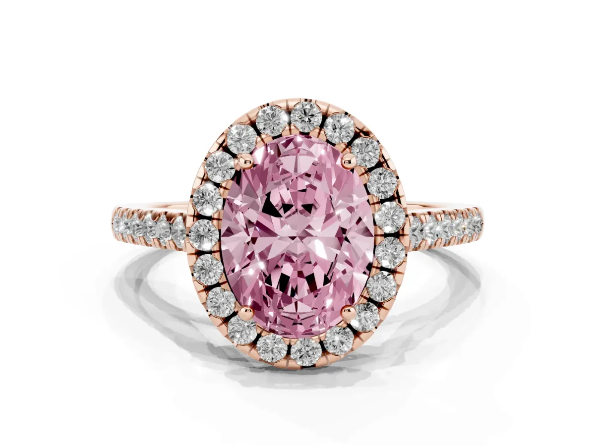 Fancy Pink Oval Cut Halo Pavé Diamond Engagement Ring with Four-Prong Setting Rose gold