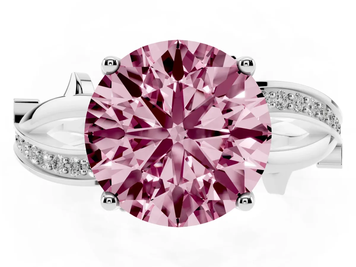 Fancy Pink Round Cut Solitaire Twist Band with Pavé Accents and Four-Prong Setting Platinum