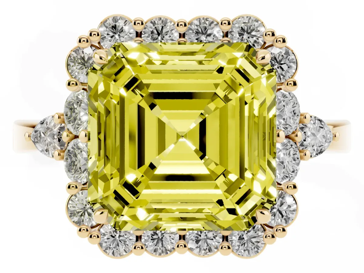 Fancy Yellow Asscher Cut Diamond Halo Ring with Pear Side Stones and Prong Setting Yellow gold