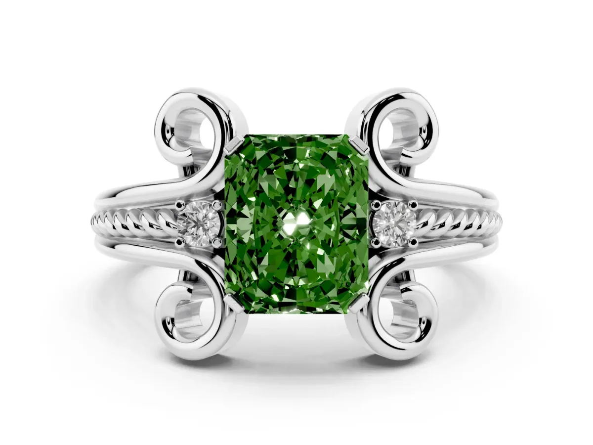 Fancy Green Radiant Cut Solitaire Twisted Band Scroll Prong Ring Silver