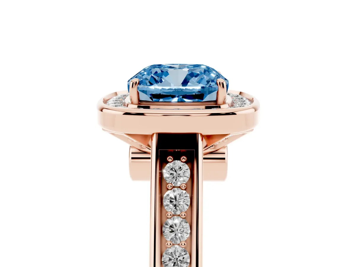 Fancy Blue Cushion Cut Halo Solitaire Diamond Ring with Pave Band and Bezel Setting Rose gold