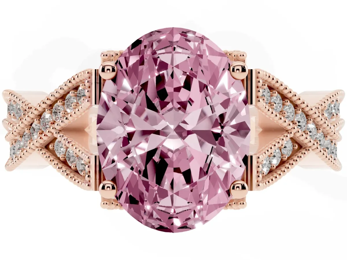 Fancy Pink Oval Cut Cut Diamond Twisted Band with Milgrain Pave Setting and Four-Prong Setting Rose gold