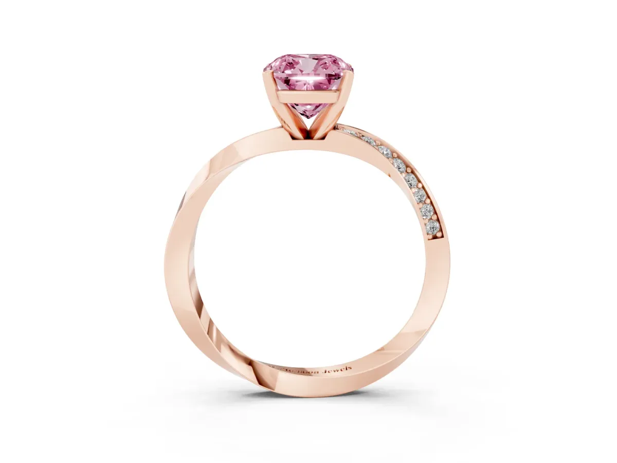 Fancy Pink Cushion Cut Diamond Engagement Ring with Side Stone Accents and Four-Prong Setting Rose gold