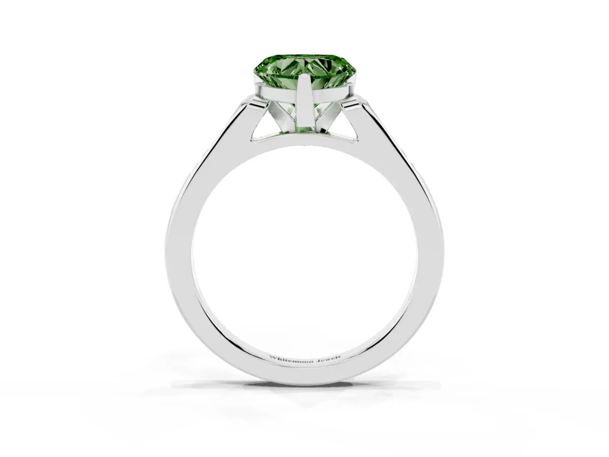 Fancy Green Heart Cut Diamond Solitaire Ring with Channel Set Round Band and Prong Setting Platinum