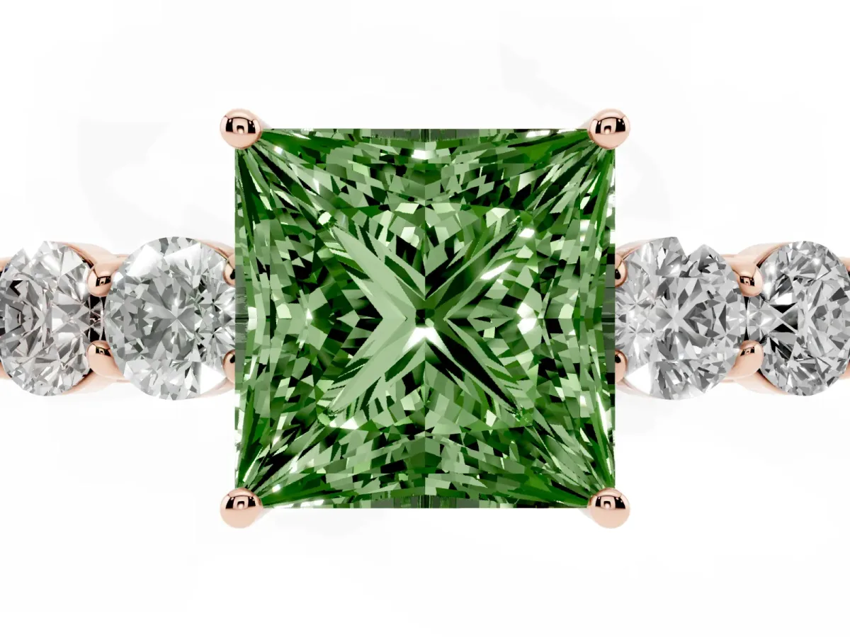 Fancy Green Princess Cut Cut Diamond Five-Stone Prong Set White Gold Ring Rose gold