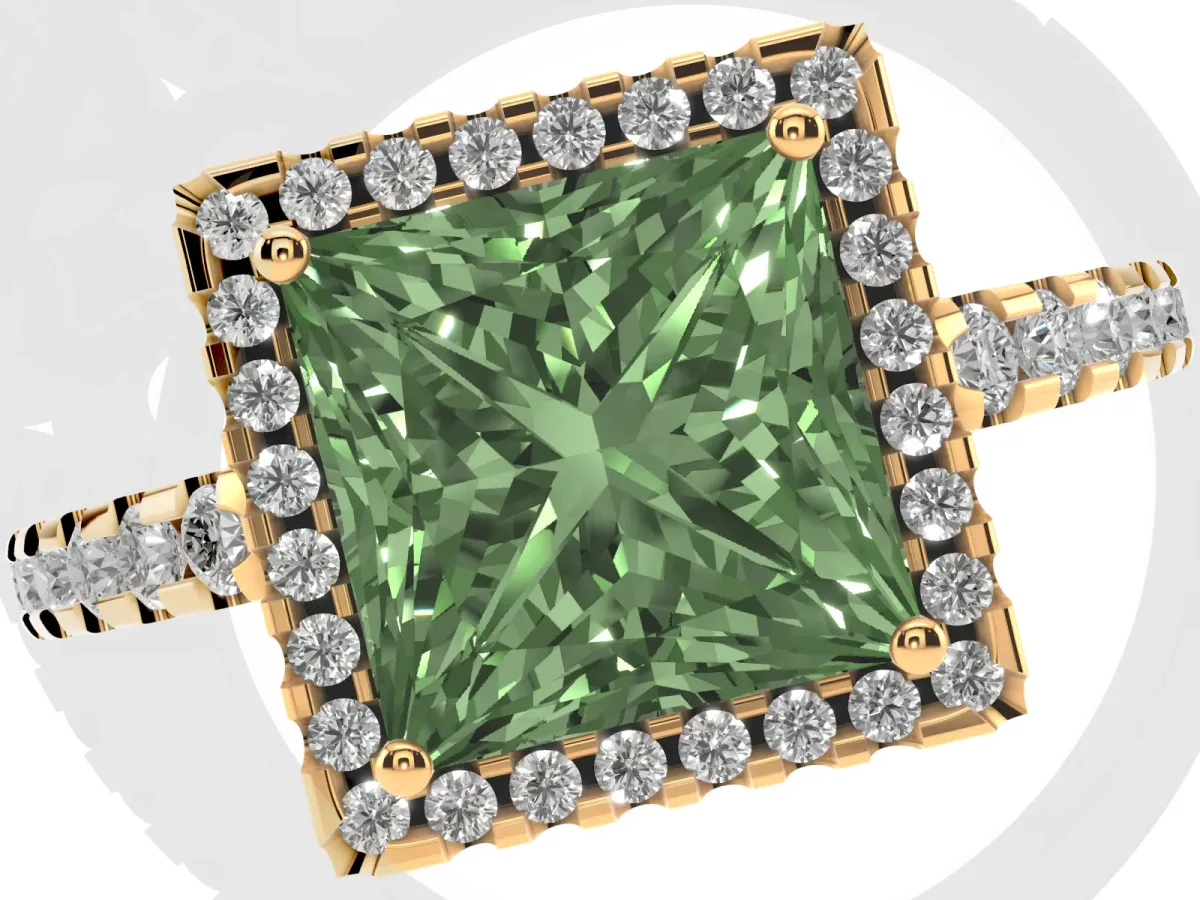 Fancy Green Princess Cut Diamond Halo Engagement Ring with Pavé Band and Prong Setting Yellow gold