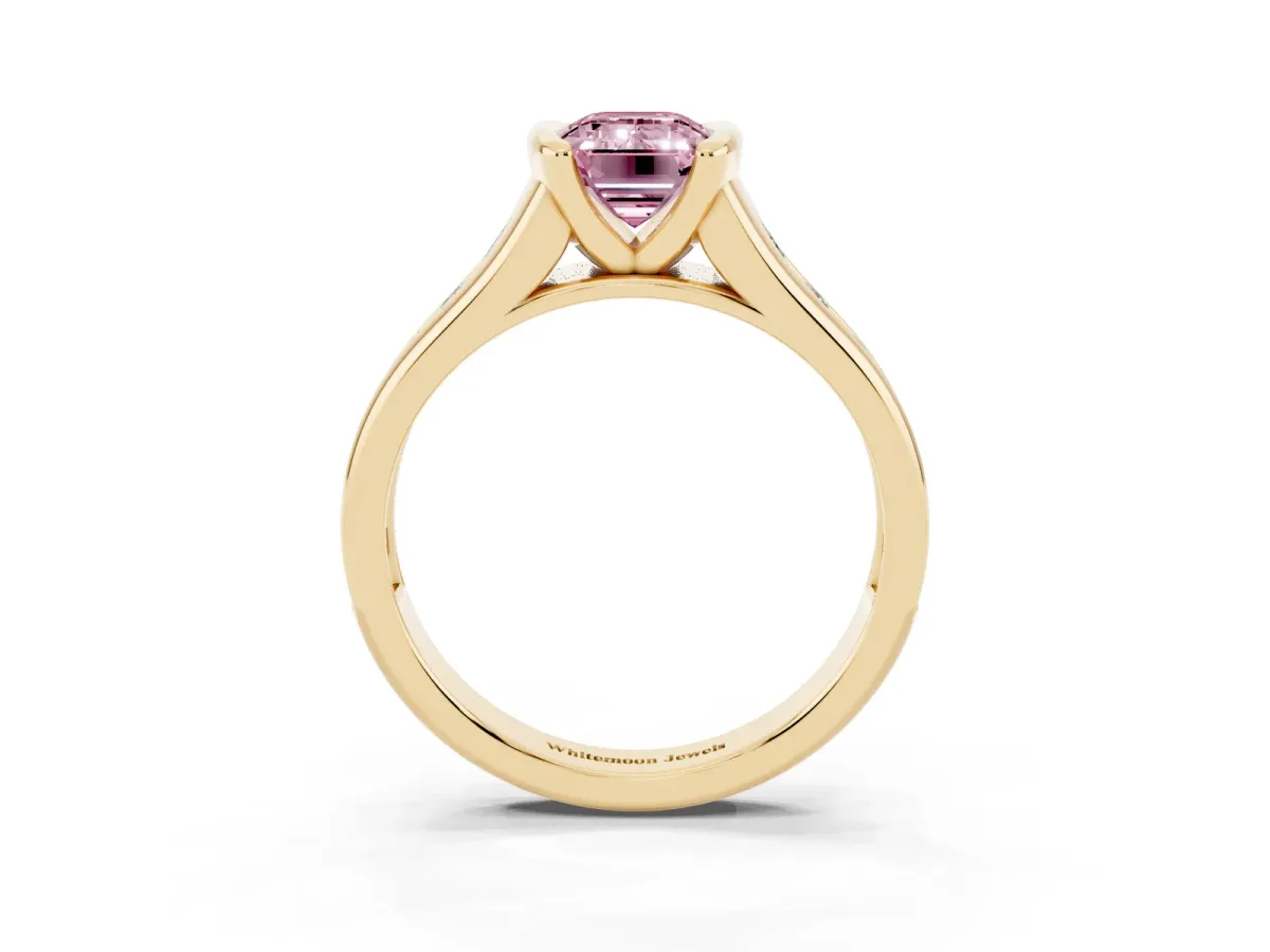 Fancy Pink Emerald Cut Solitaire Bezel-Set Diamond Ring with Channel-Set Band Yellow gold