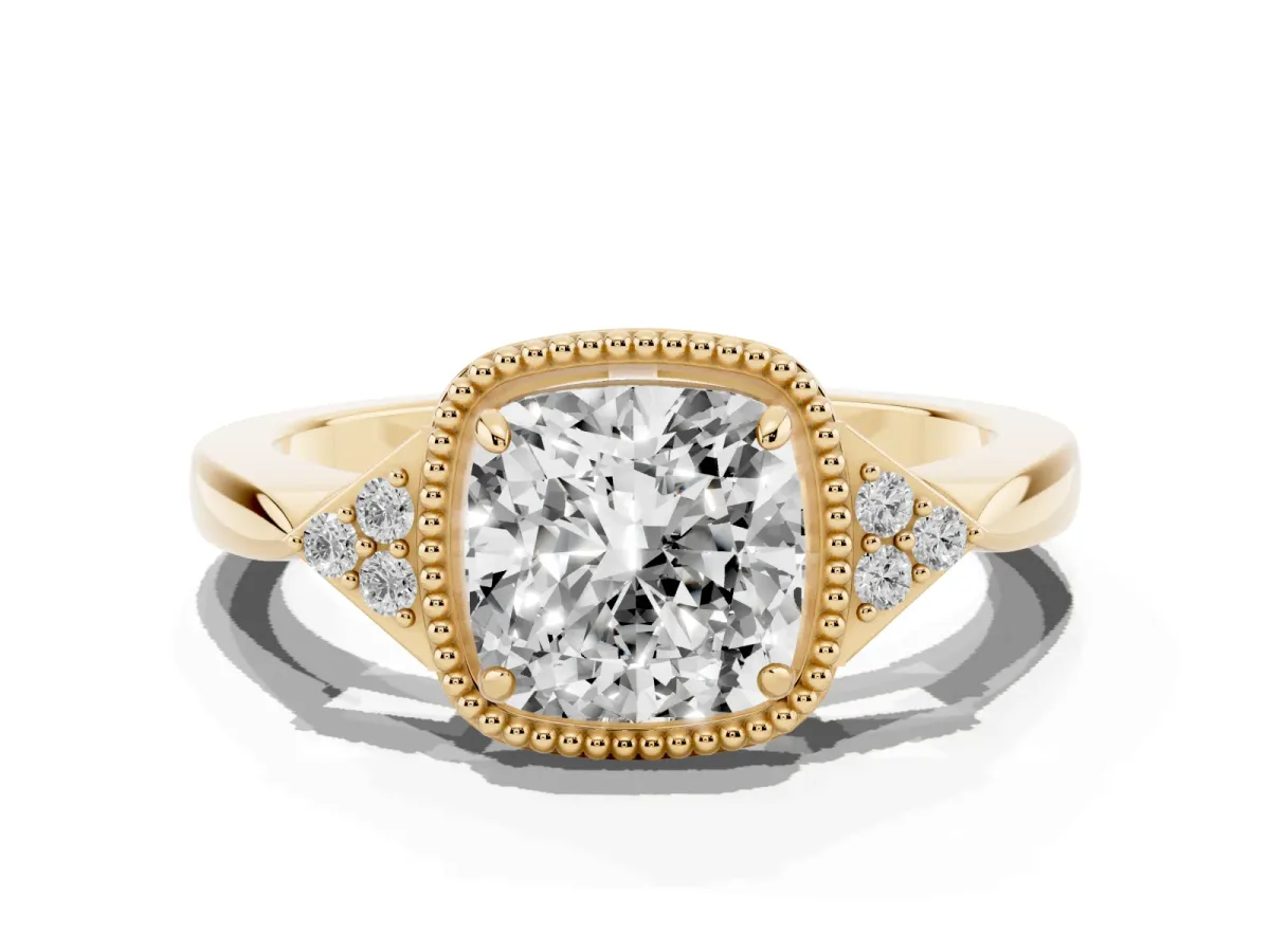 Cushion Cut Diamond Halo Ring with Tapered Band and Four-Prong Setting Yellow gold