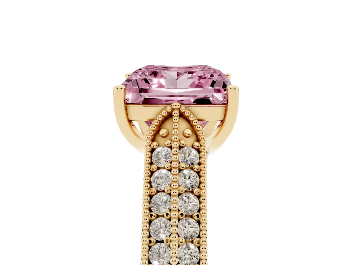 Fancy Pink Princess Cut Cut Pave Split Shank Engagement Ring with Four-Prong Setting Yellow gold
