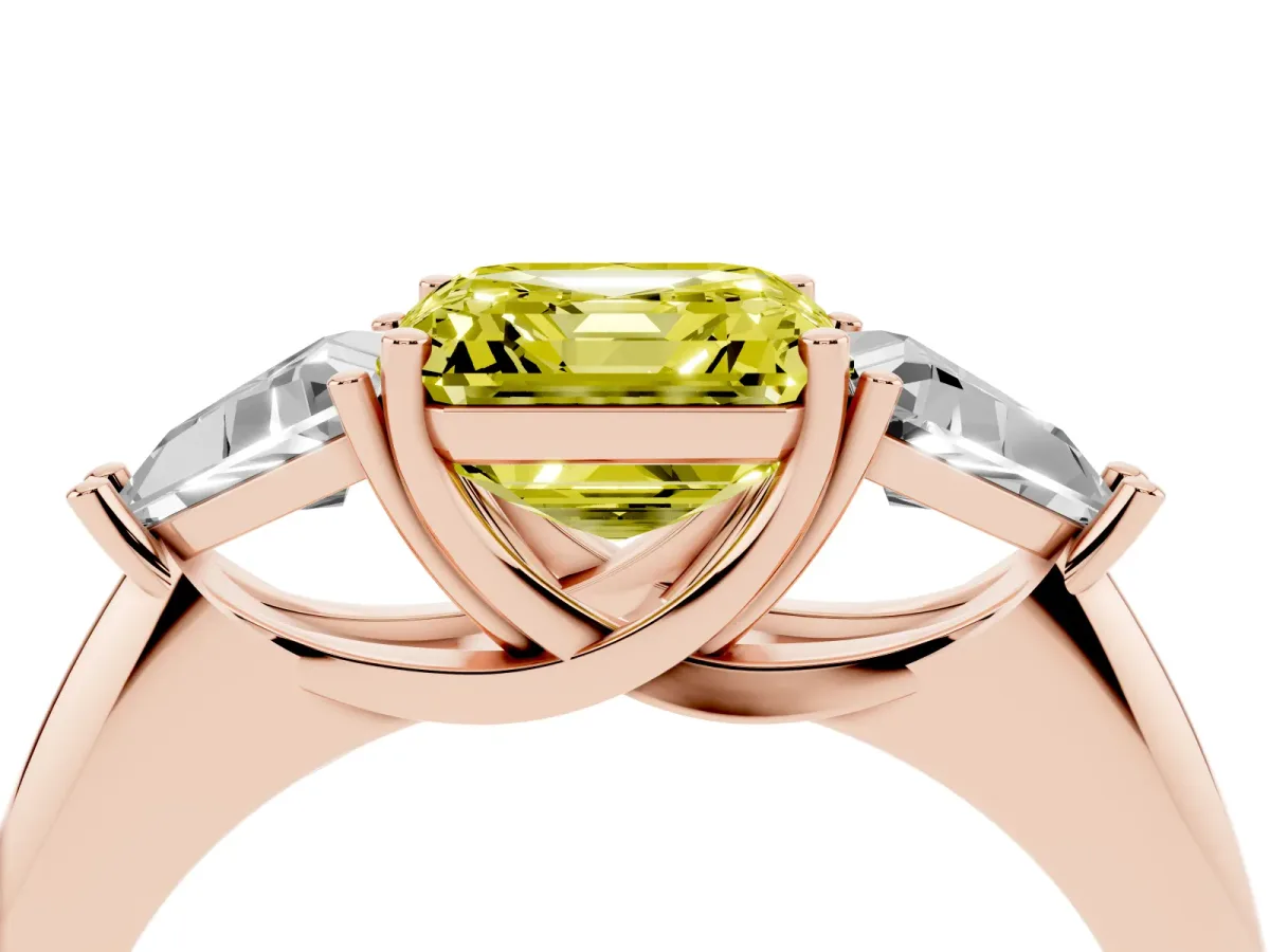 Fancy Yellow Three-Stone Asscher Cut Diamond Engagement Ring with Trillion Side Stones and Prong Setting Rose gold