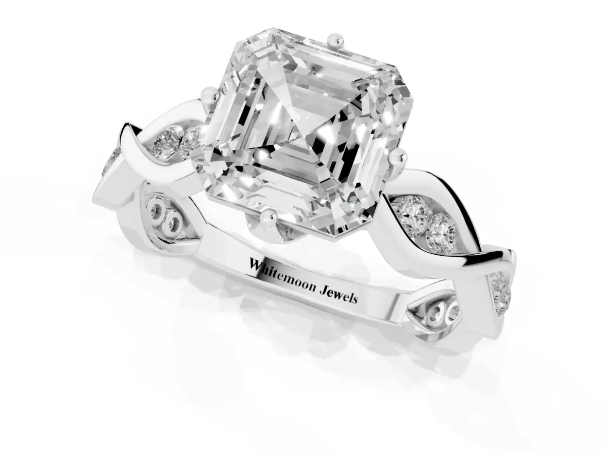 Asscher Cut Solitaire Twist Band with Leaf Prong Setting Platinum