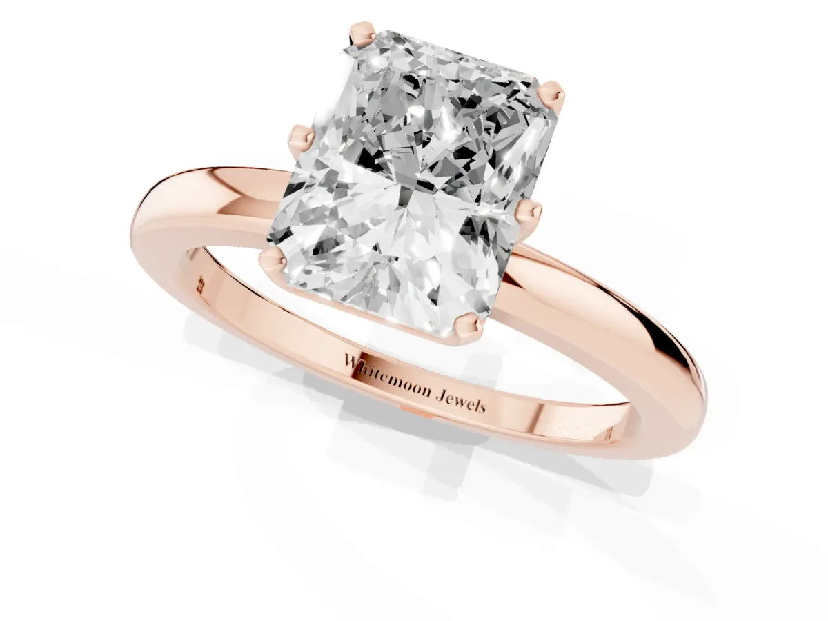 Radiant Cut Solitaire Diamond Ring with Six-Prong Setting on a Classic Band Rose gold
