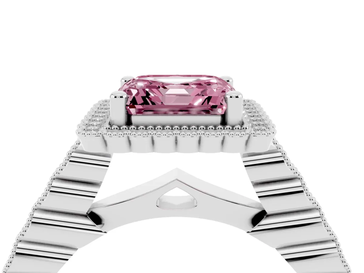 Fancy Pink Asscher Cut Cut Halo Pavé Solitaire Ring with Milgrain Band Platinum