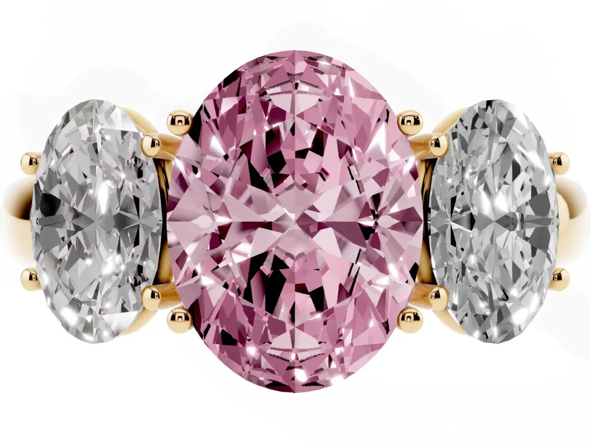 Fancy Pink Oval Cut Diamond Three-Stone Ring with Four-Prong Setting and Classic Band Yellow gold