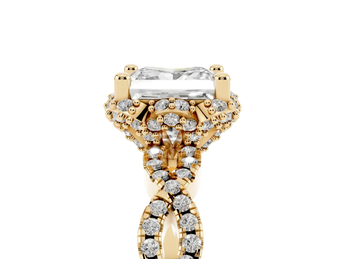 Princess Cut Halo Twist Band Solitaire Ring with Six-Prong Setting Yellow gold