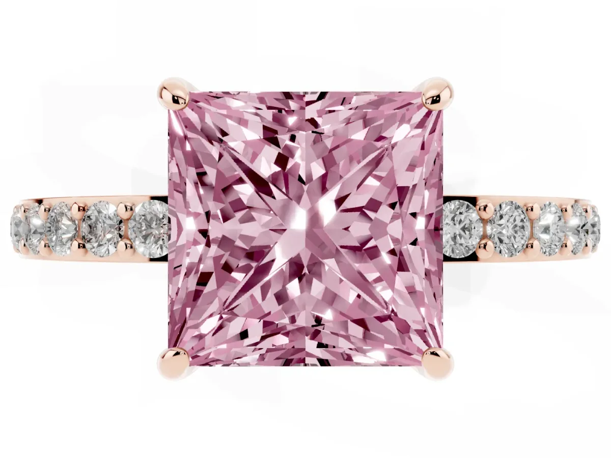 Fancy Pink Princess Cut Diamond Solitaire Engagement Ring with Pavé Band and Four-Prong Setting Rose gold