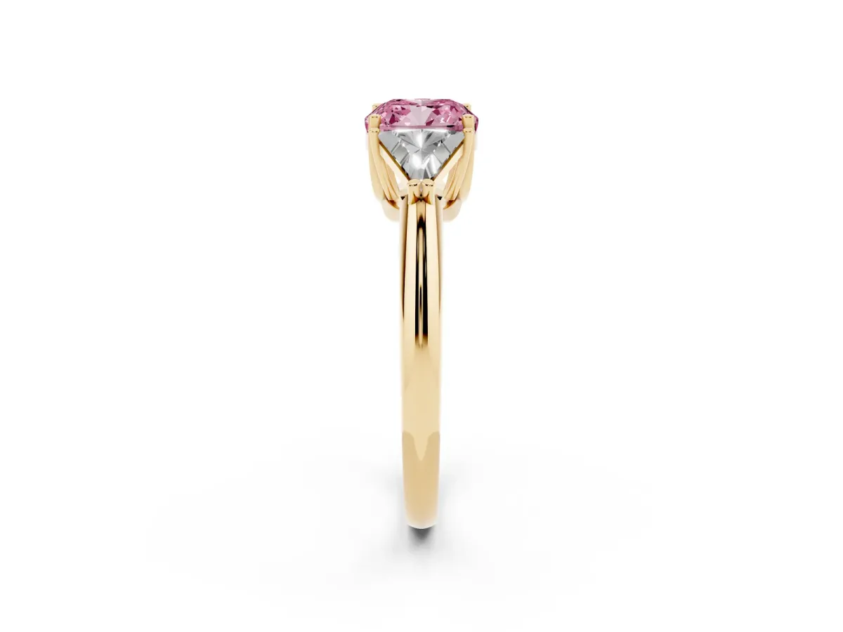 Fancy Pink Three-Stone Cushion Cut Diamond Engagement Ring with Trillion Side Stones and Prong Setting Yellow gold