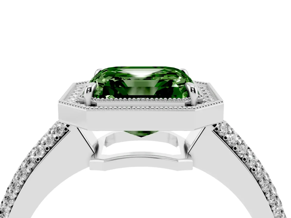 Fancy Green Asscher Cut Cut Halo Diamond Pave Band with Four-Prong Setting Platinum
