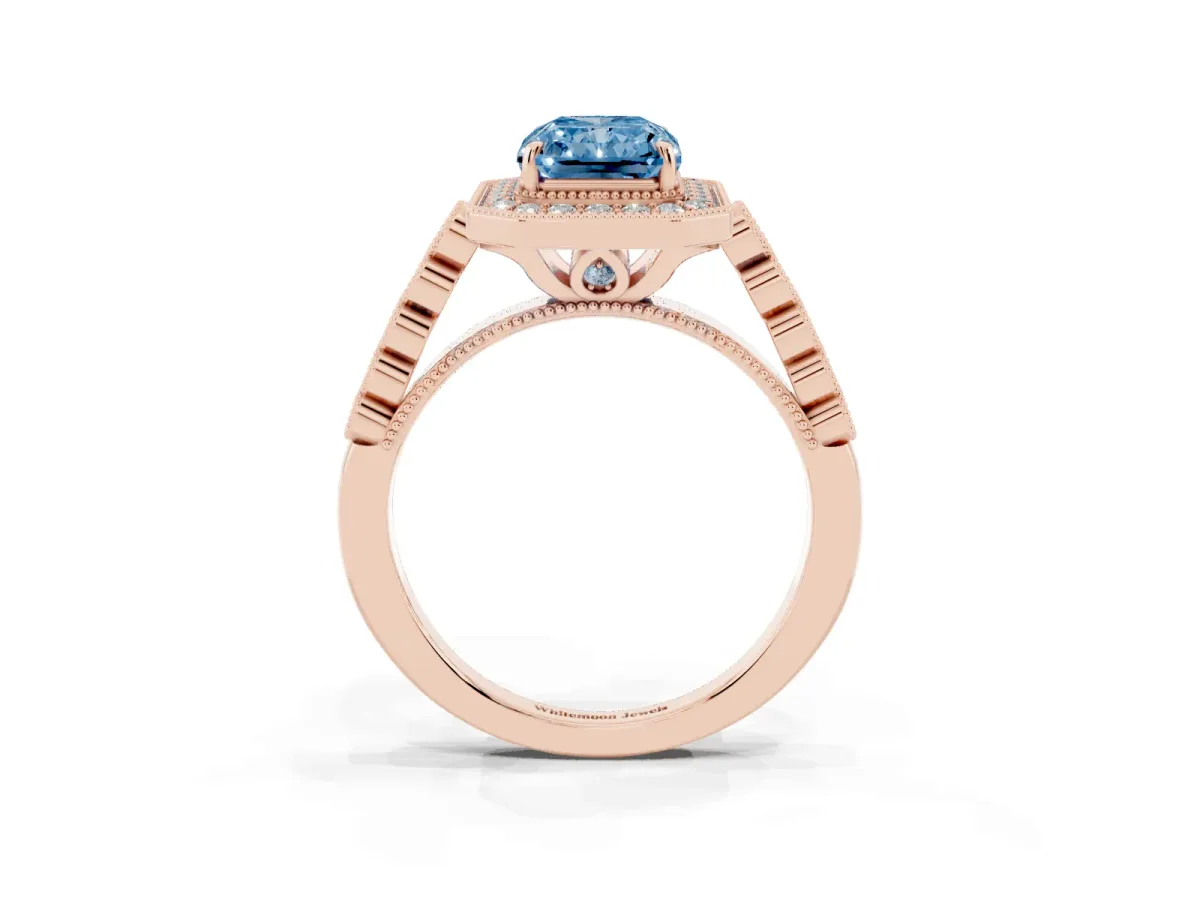 Fancy Blue Radiant Cut Halo Milgrain Solitaire with Bezel Set Side Stones and Pave Band Rose gold